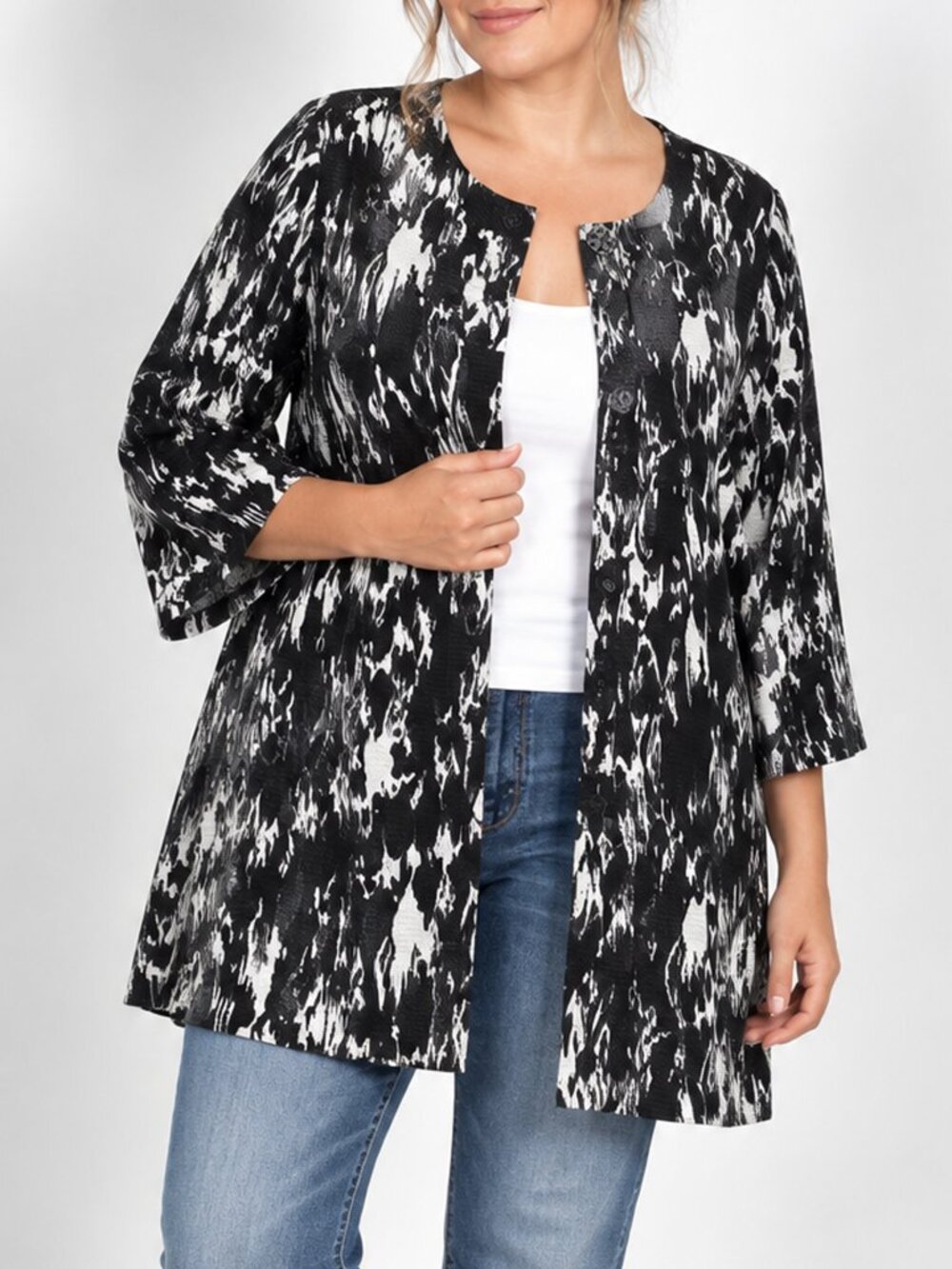 Al Miles Jacket Black White Abstract Long Jacket Topper Button Front Artsy Chic
